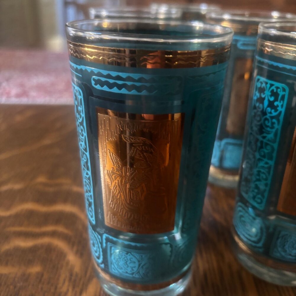 Set of 5 Mid-Century 22K Gold & Turquoise Aztec Tumblers - Picture 5 of 5